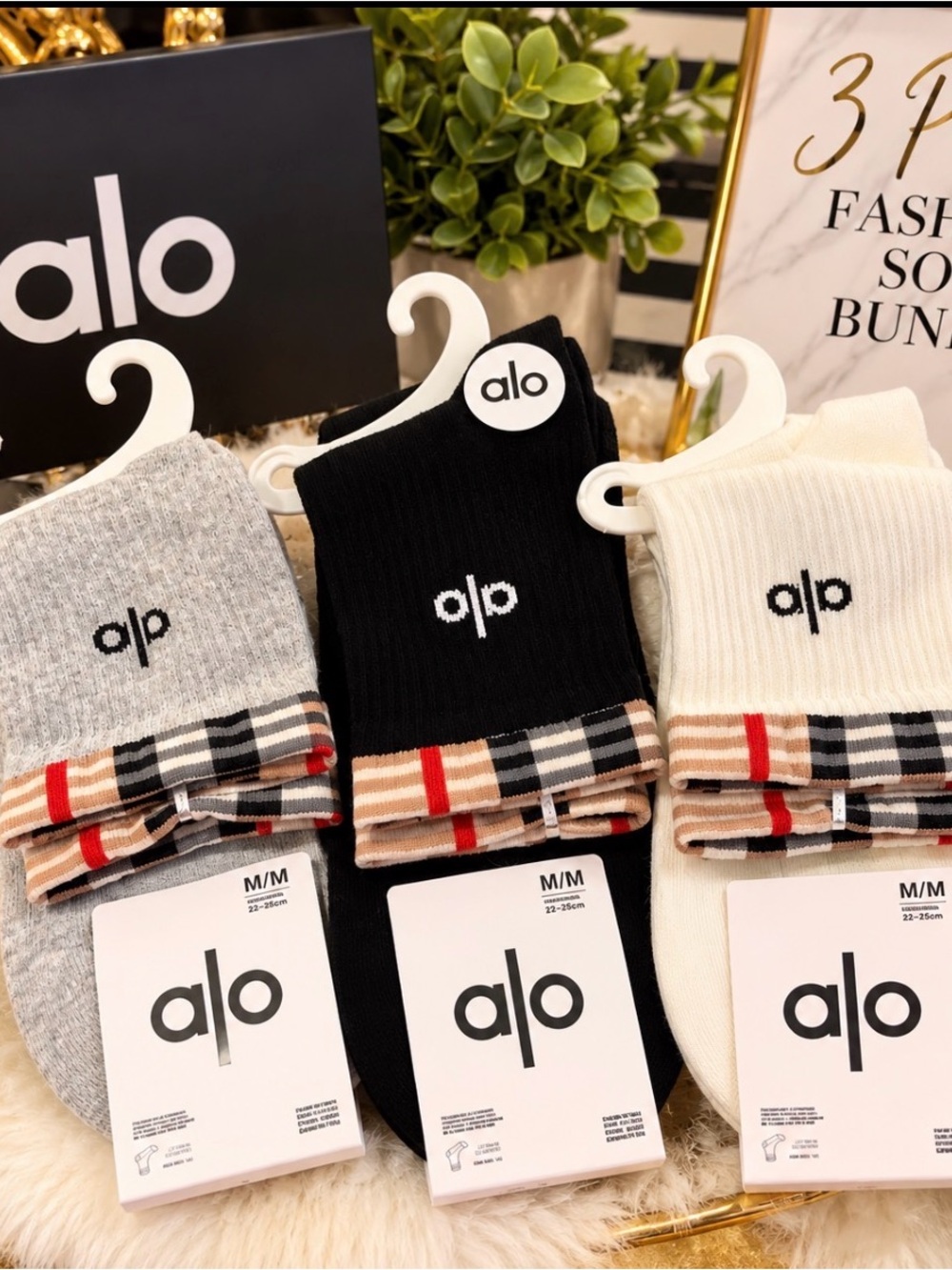 ALO Yoga 3-Pack Ribbed Crew Socks in Black, Gray & Cream with Checked Cuff